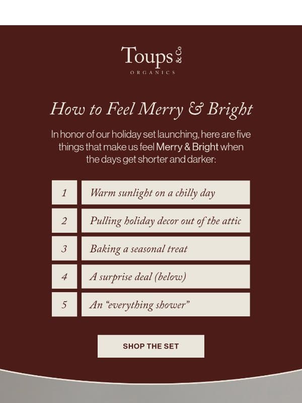 5 ways to feel Merry & Bright email from Toups & Co
