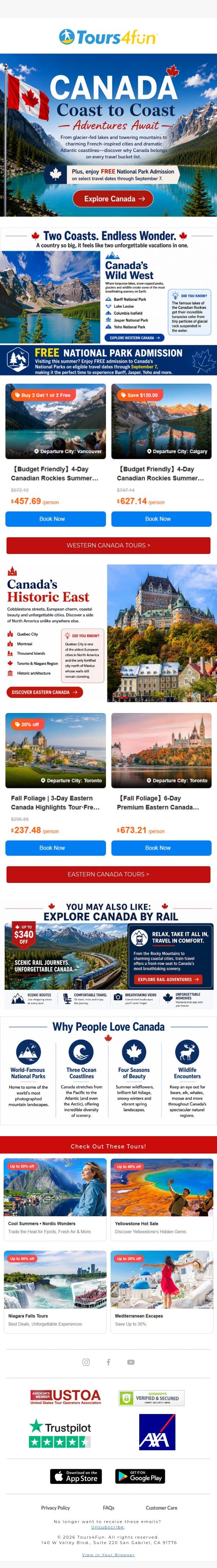 🍁 Two Coasts. One Incredible Destination. email from Tours4fun screenshot