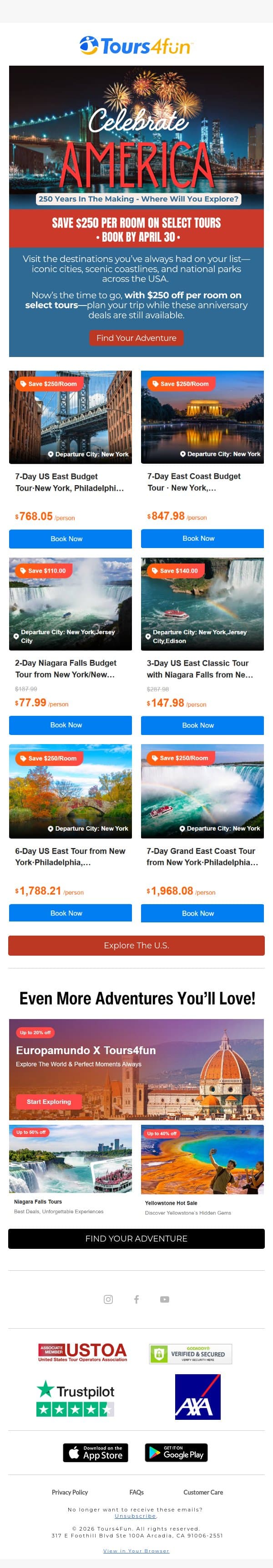 Your Next U.S. Trip Starts Here ✈️ email from Tours4fun screenshot