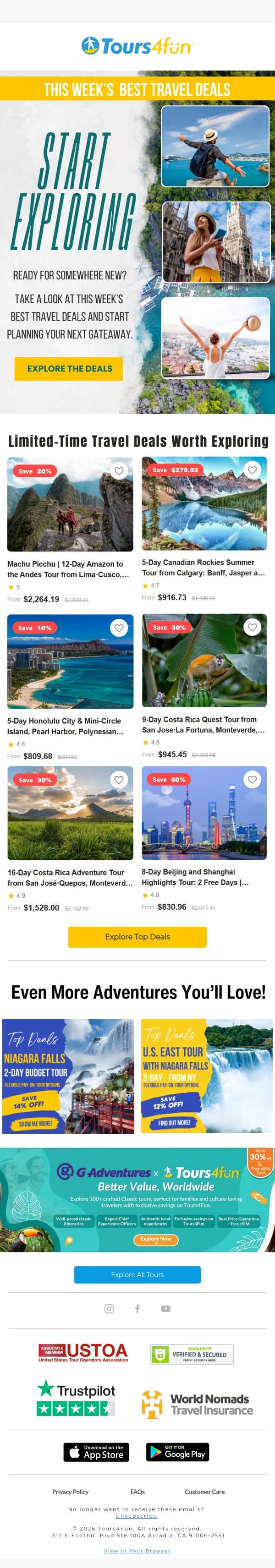 Thinking About Your Next Trip? 🧳🌏 email from Tours4fun screenshot