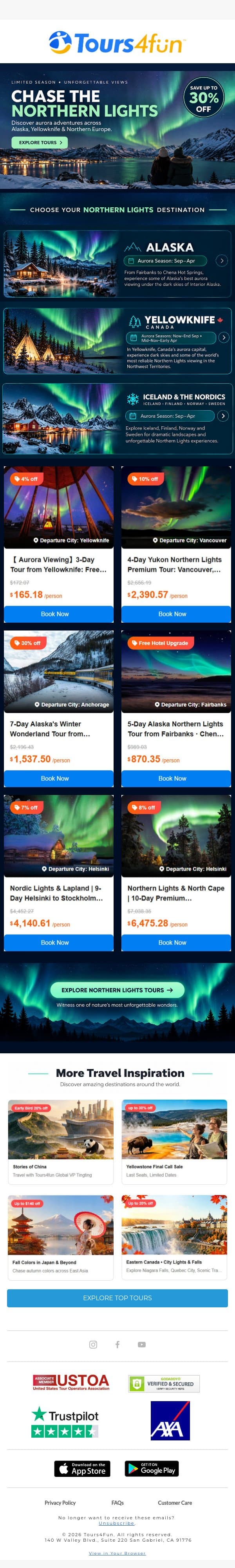 Your Aurora Adventure Awaits! ✨ email from Tours4fun screenshot