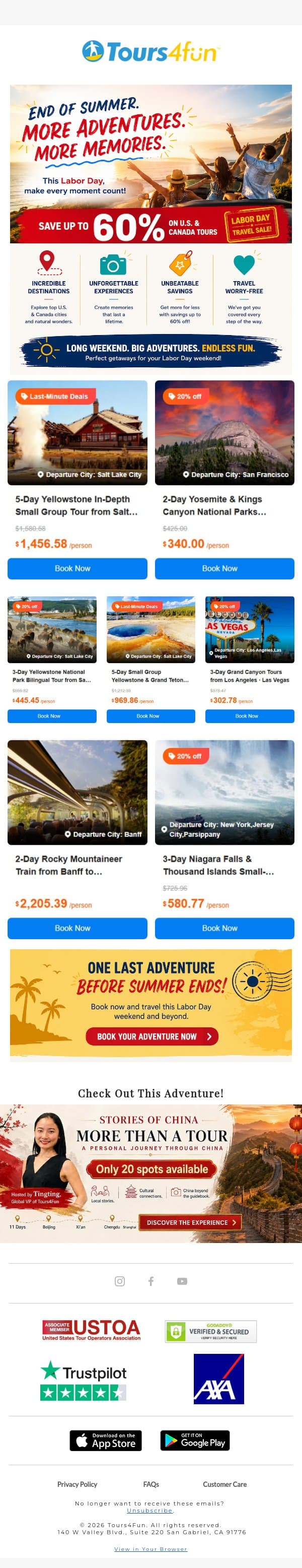 Summer’s Not Over Yet! ☀️✈️ email from Tours4fun screenshot