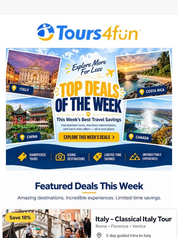 ✈️ This Week’s Best Travel Deals Are Here! email from Tours4fun