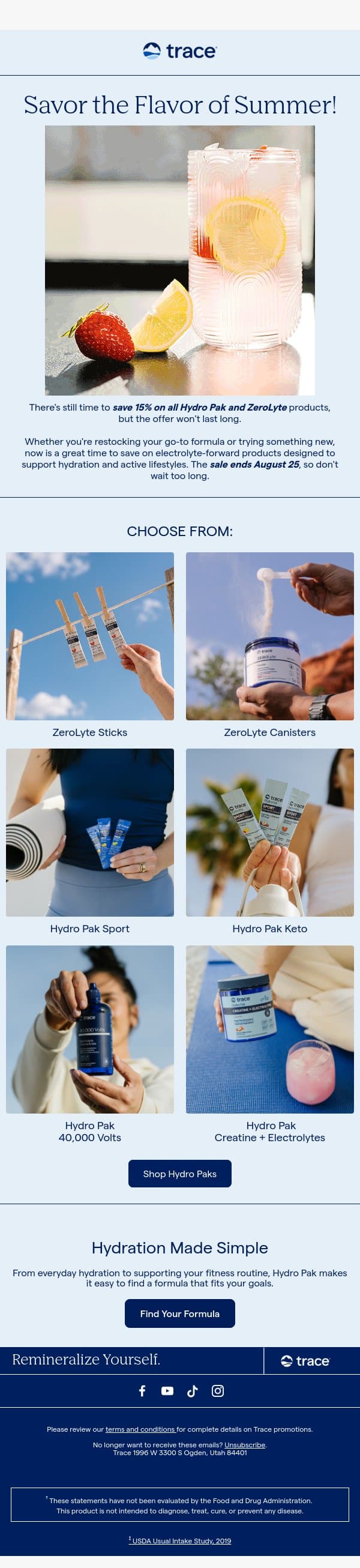 Shop Now for 15% Off Hydro Pak & ZeroLyte! email from Trace Minerals Research screenshot