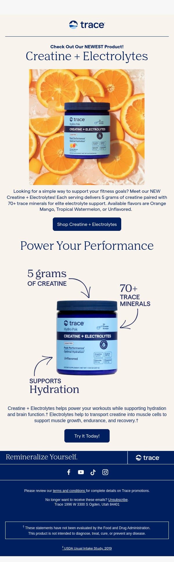 Meet Creatine + Electrolytes! email from Trace Minerals Research screenshot