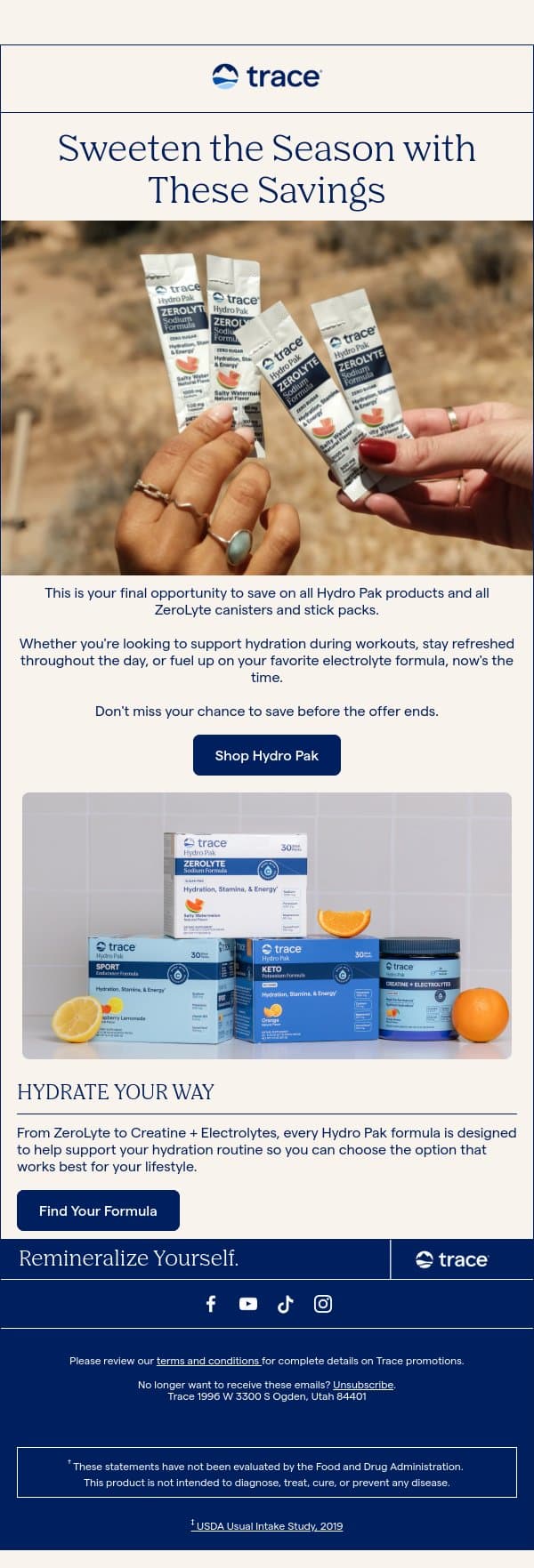 Don't Miss Out on 15% Off Hydro Pak & ZeroLyte email from Trace Minerals Research screenshot