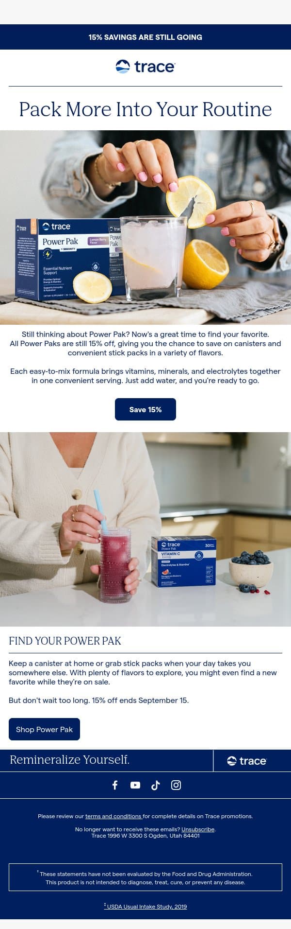 Time Is Running Out to Save on Power Paks! email from Trace Minerals Research screenshot