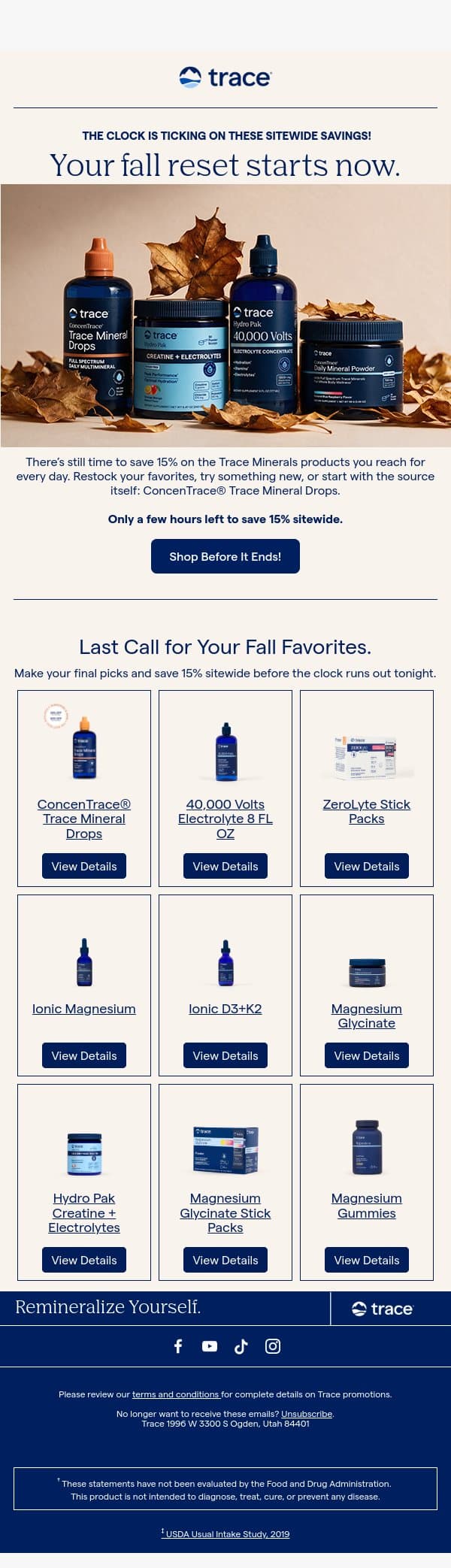 Last Chance! Save 15% Sitewide. email from Trace Minerals Research screenshot