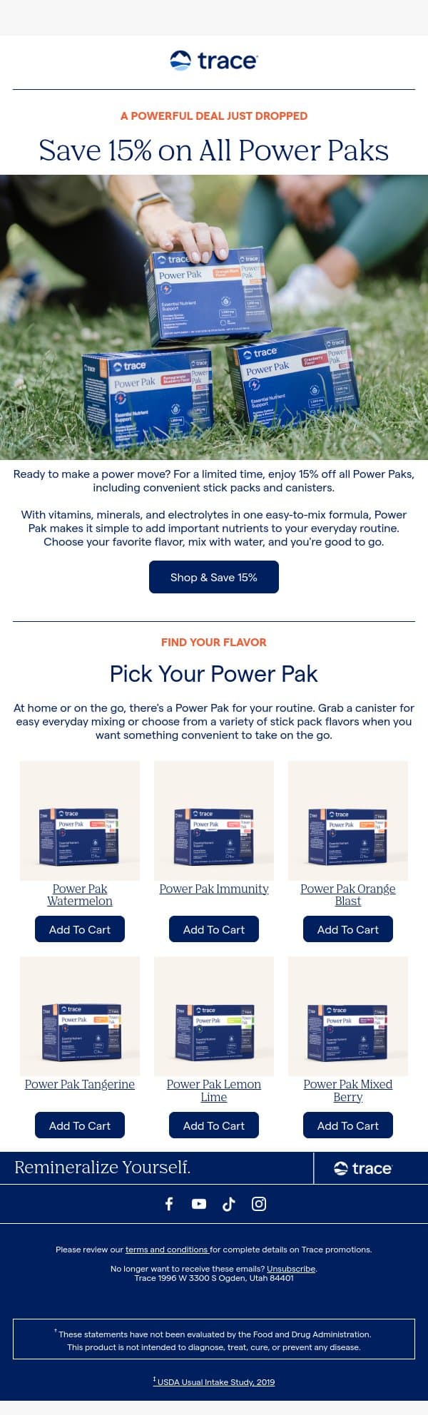 Power Up Now & Save 15% on All Power Paks email from Trace Minerals Research screenshot