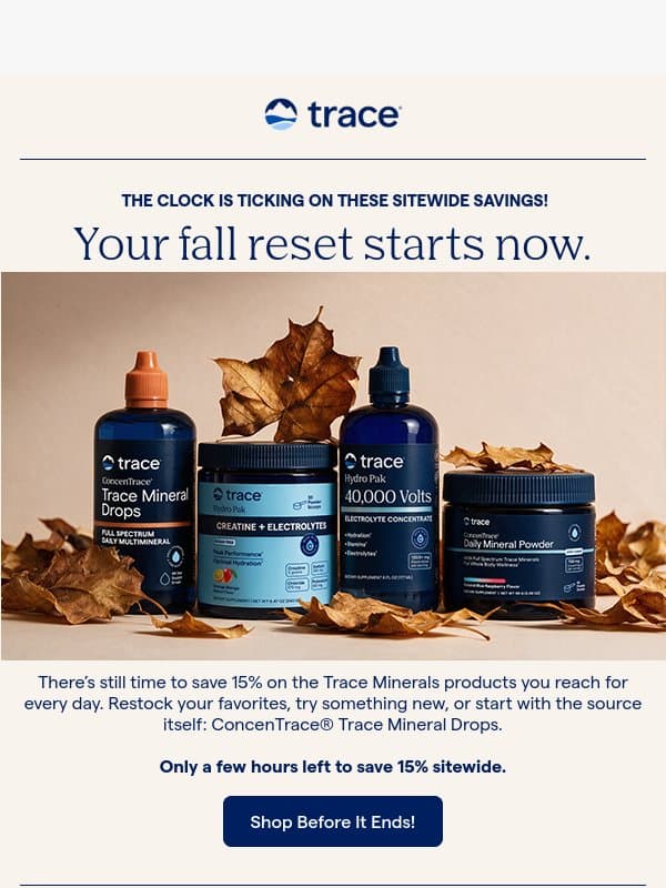 Last Chance! Save 15% Sitewide. email from Trace Minerals Research