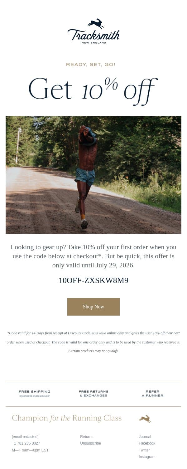Would you like 10% off? email from Tracksmith screenshot