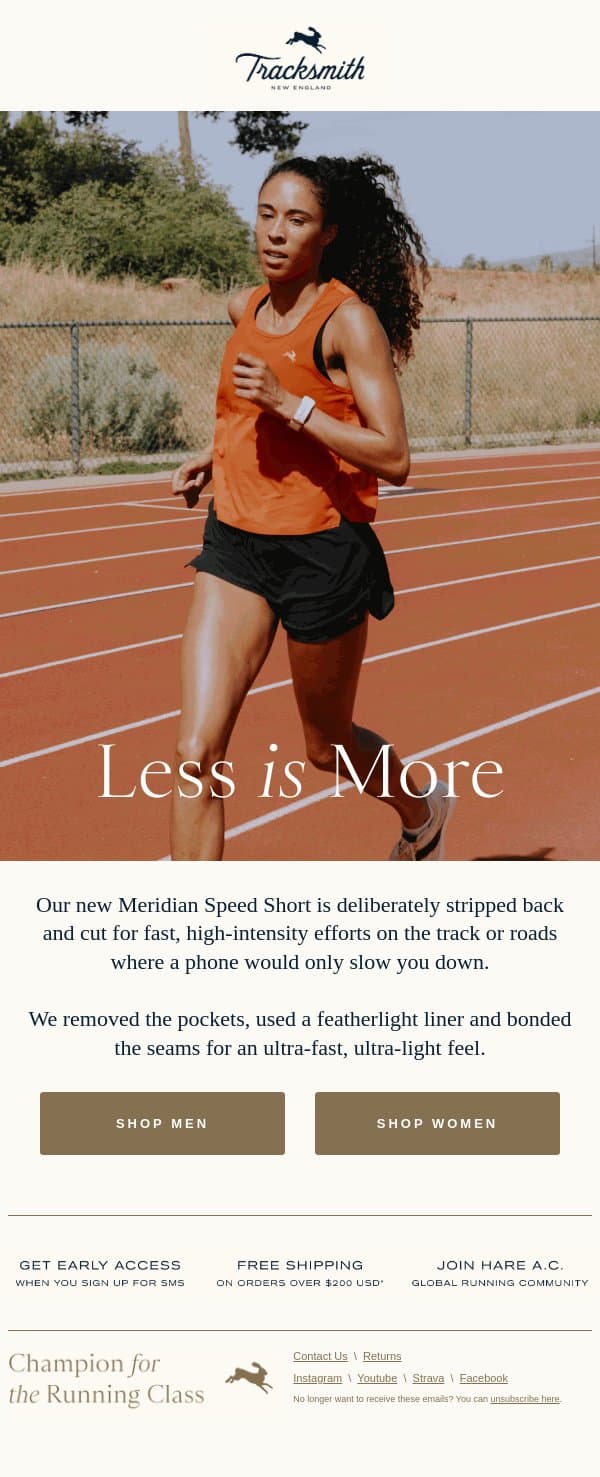 Pocketless, On Purpose: Meridian Speed email from Tracksmith screenshot