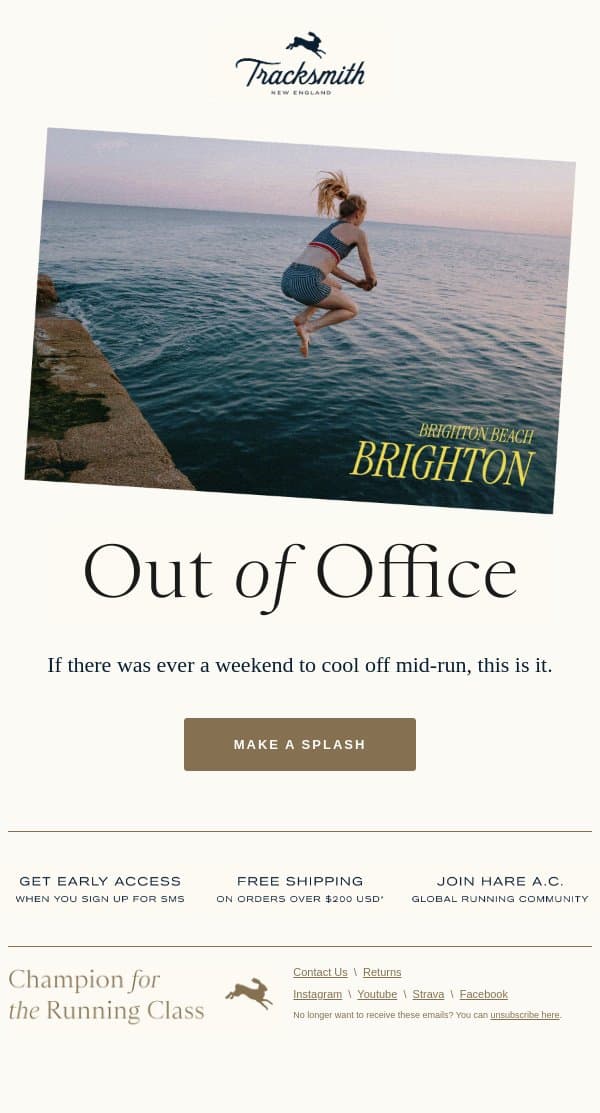 OOO: Gone Cannonballing email from Tracksmith screenshot