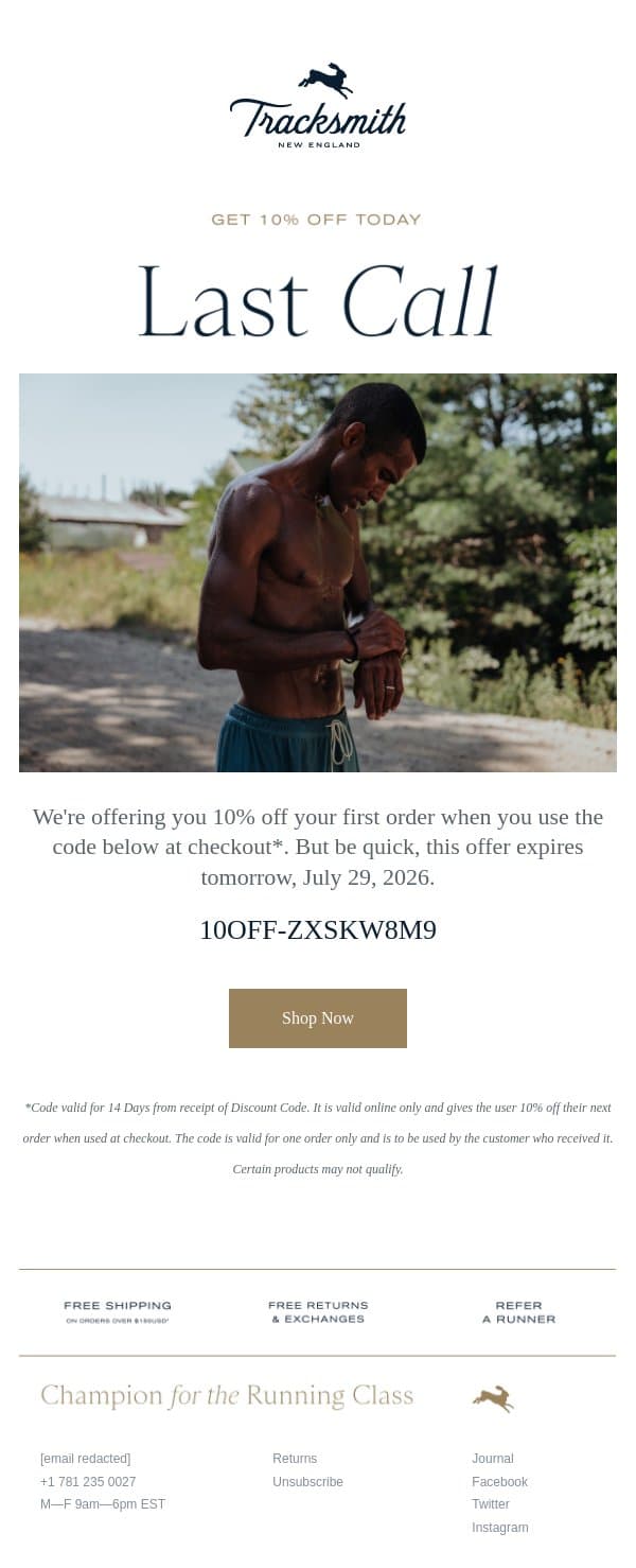 Last Chance on 10% Off Your First Order email from Tracksmith screenshot