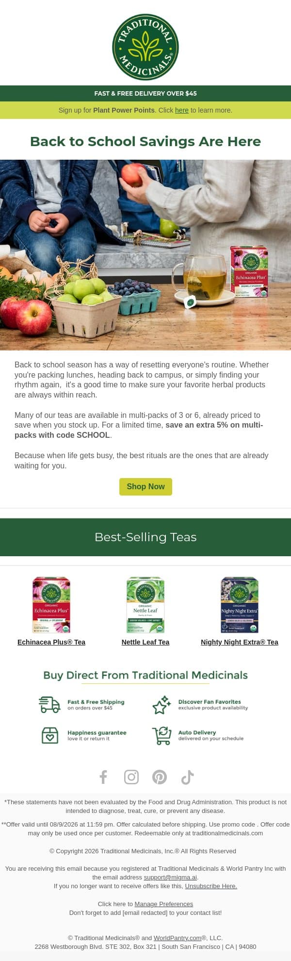 Back to school savings are brewing 🌿📚 email from Traditional Medicinals screenshot