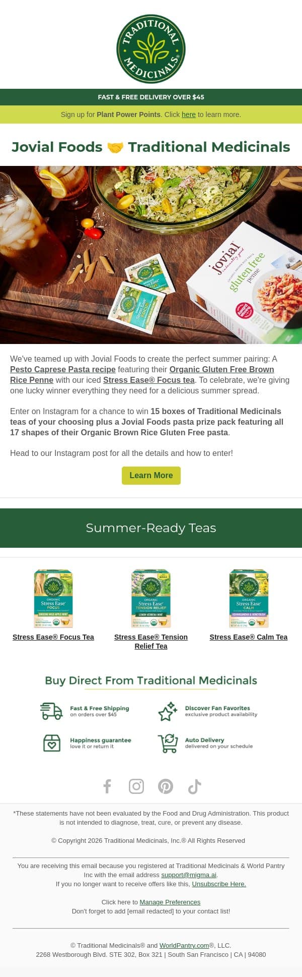 Enter to Win Tea & Pasta 🍝 🫖 email from Traditional Medicinals screenshot