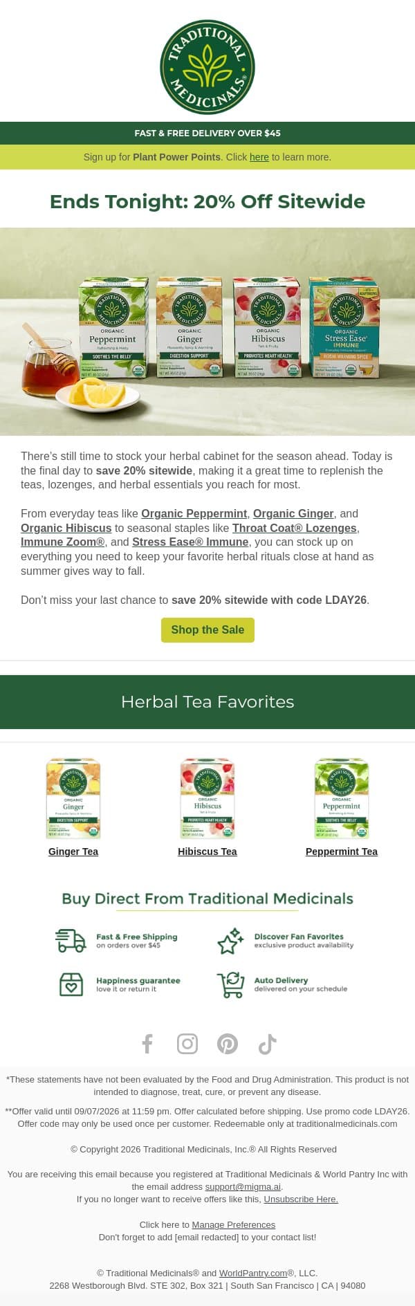 Final day: save 20% sitewide 🌿 email from Traditional Medicinals screenshot