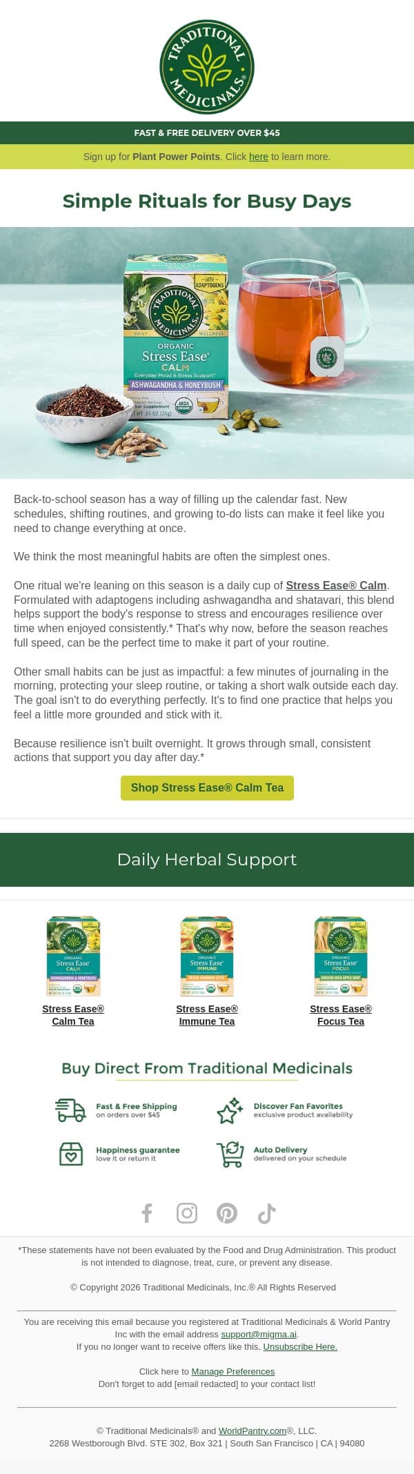 Adaptogens for the Back to School Season email from Traditional Medicinals screenshot