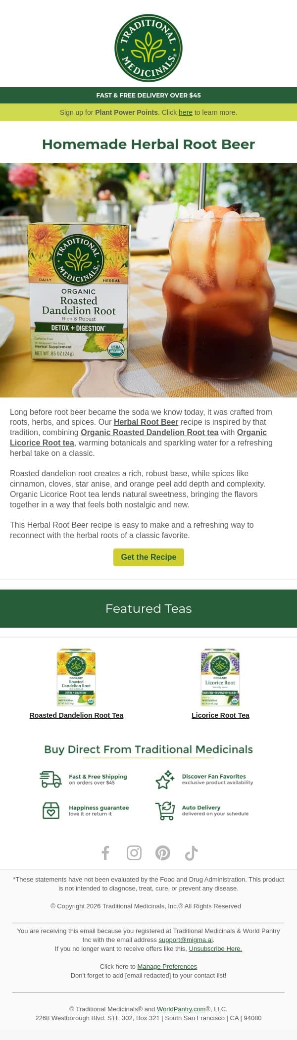 Root beer, the herbalist way 🌿 email from Traditional Medicinals screenshot