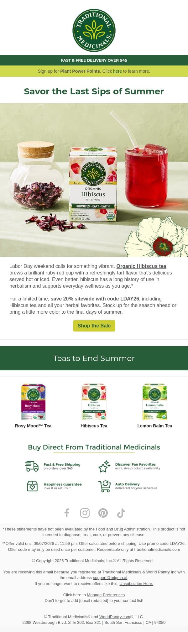 20% off sitewide starts now email from Traditional Medicinals screenshot