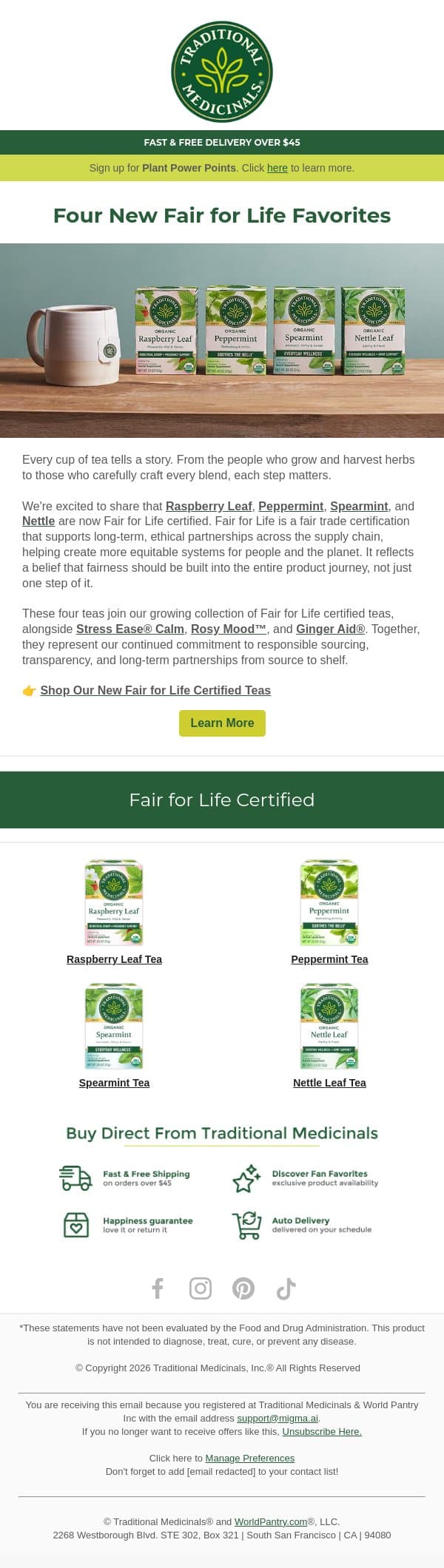 Four favorite herbs, now Fair for Life certified 🌿 email from Traditional Medicinals screenshot