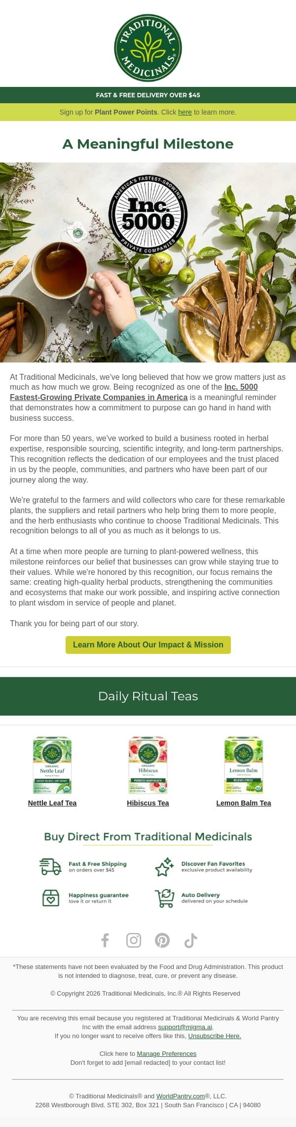 Rooted in purpose, recognized by Inc. 5000 email from Traditional Medicinals screenshot