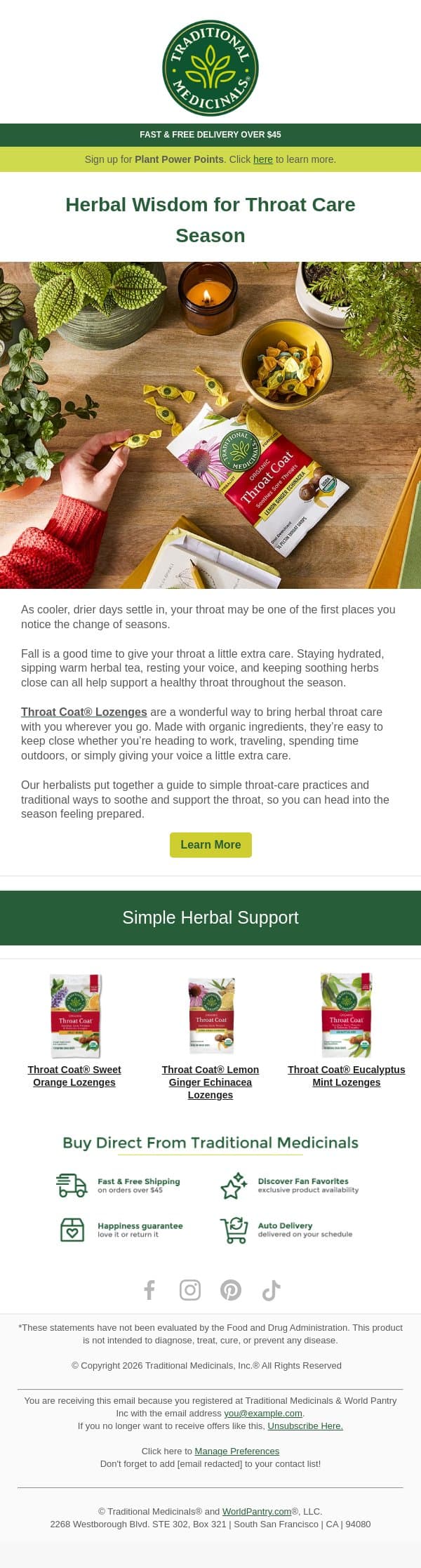 Herbal wisdom for cooler days email from Traditional Medicinals screenshot