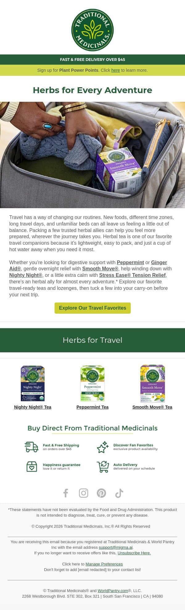 Herbal Essentials for Travel email from Traditional Medicinals screenshot