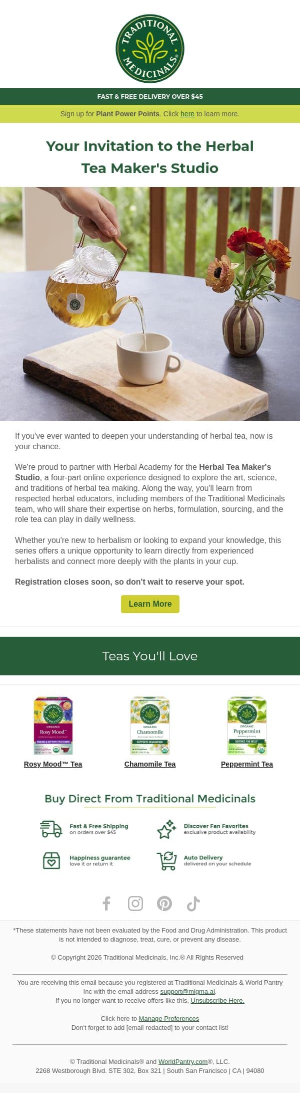 Last Chance to Join the Herbal Tea Maker's Studiošµ email from Traditional Medicinals screenshot