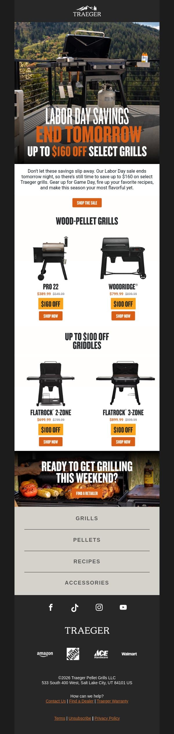 Ends TOMORROW: Up to $160 Off Select Grills email from Traeger Grills screenshot