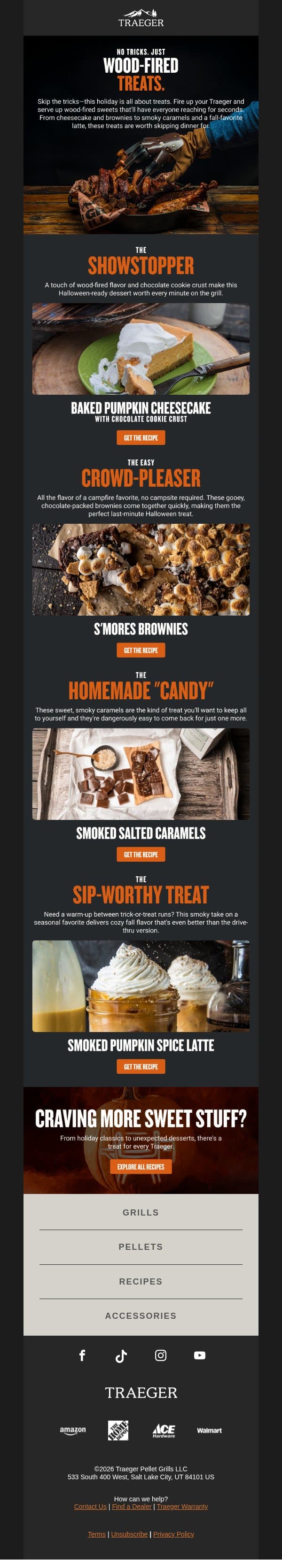 No Tricks. Just Wood-Fired Treats. email from Traeger Grills screenshot
