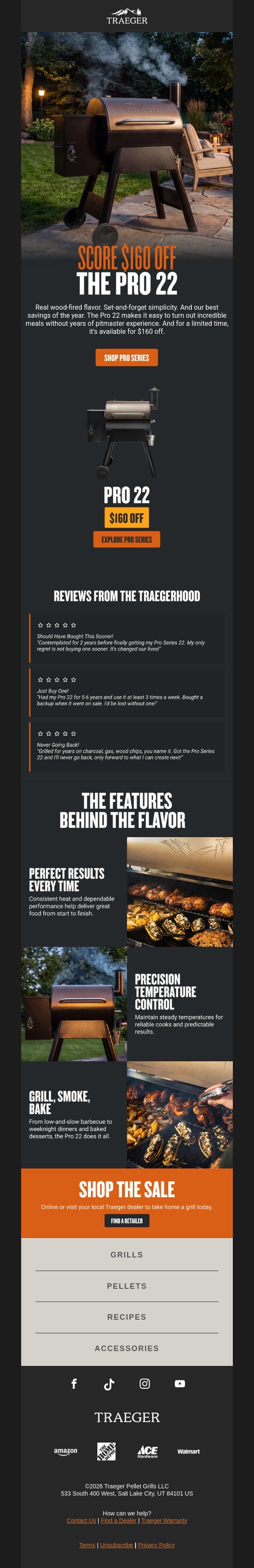 Save $160 on the Best-Selling Pro 22 email from Traeger Grills screenshot
