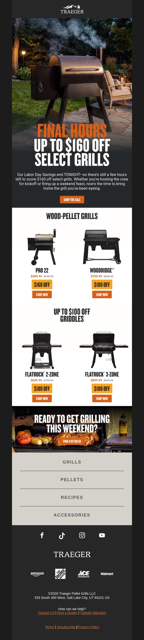 ENDS TONIGHT: Up to $160 Off Select Grills email from Traeger Grills screenshot