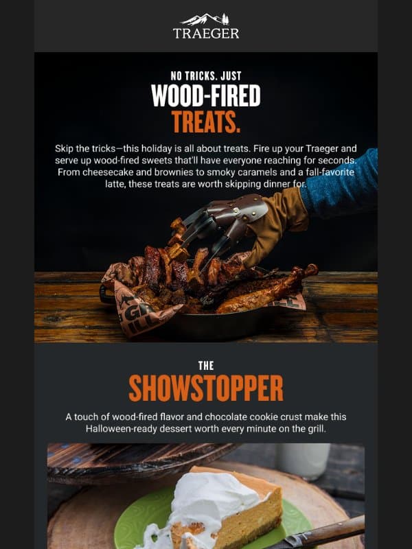 No Tricks. Just Wood-Fired Treats. email from Traeger Grills