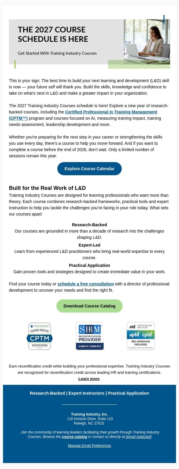 New: The 2027 Course Schedule Is Here email from Training Industry screenshot