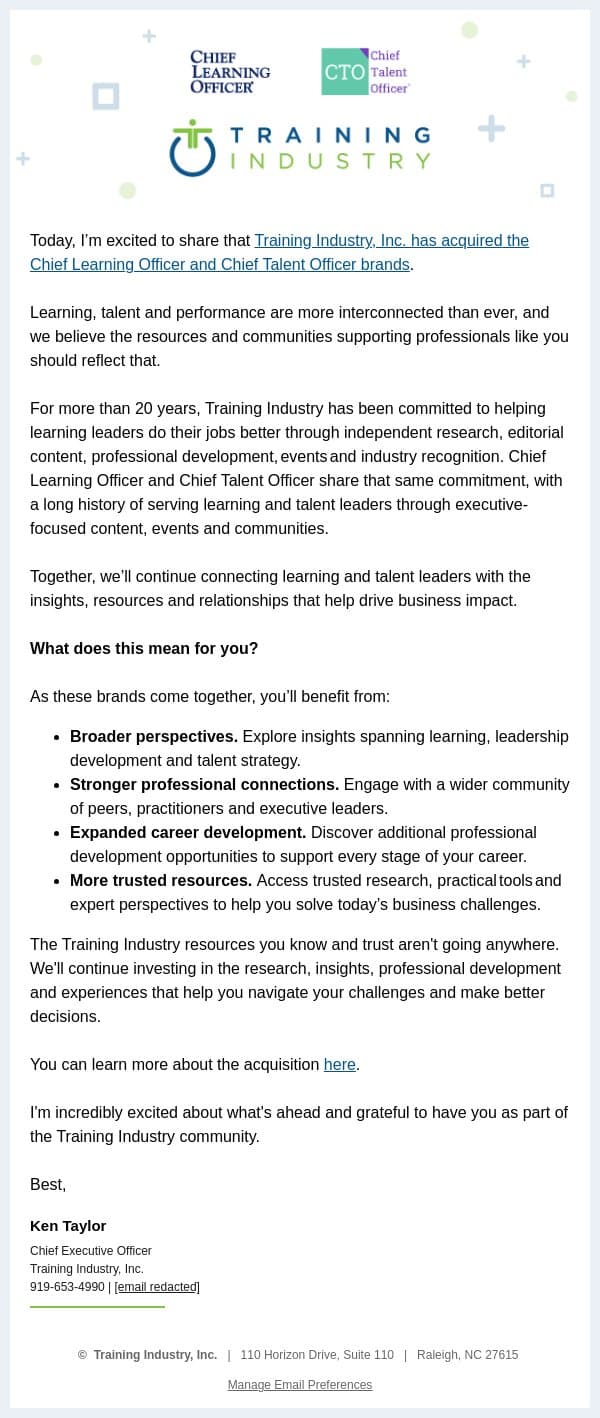 An Exciting New Chapter for Training Industry email from Training Industry screenshot