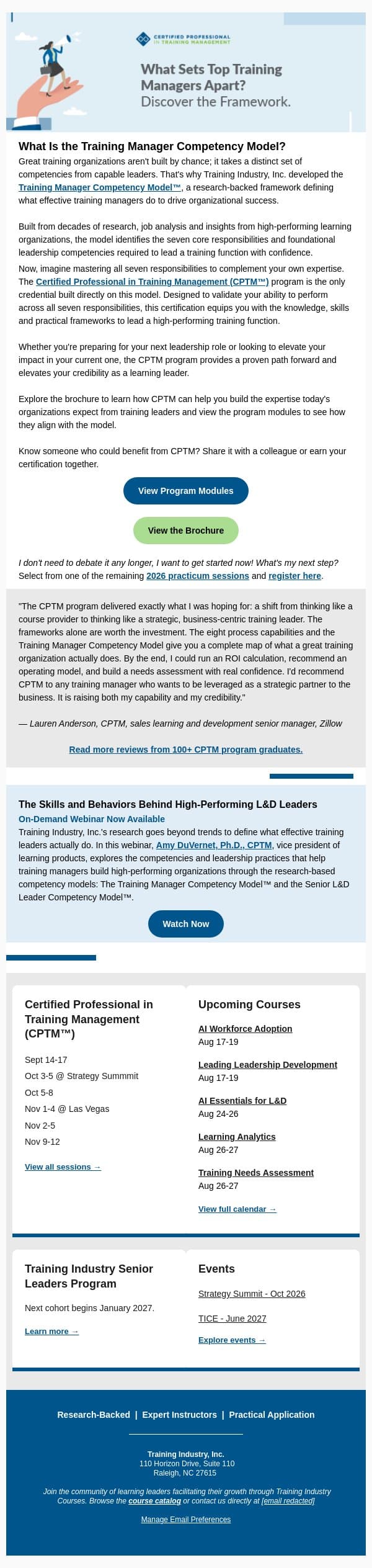The 7 Core Training Manager Competencies email from Training Industry screenshot