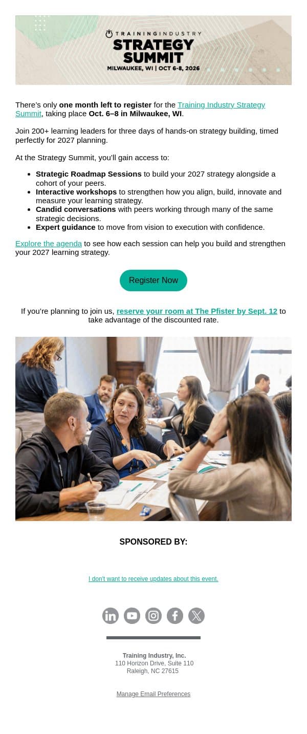 One Month Until the Strategy Summit email from Training Industry screenshot