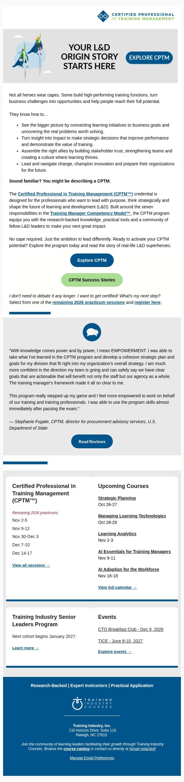 Can You Spot an L&D Superhero? email from Training Industry screenshot