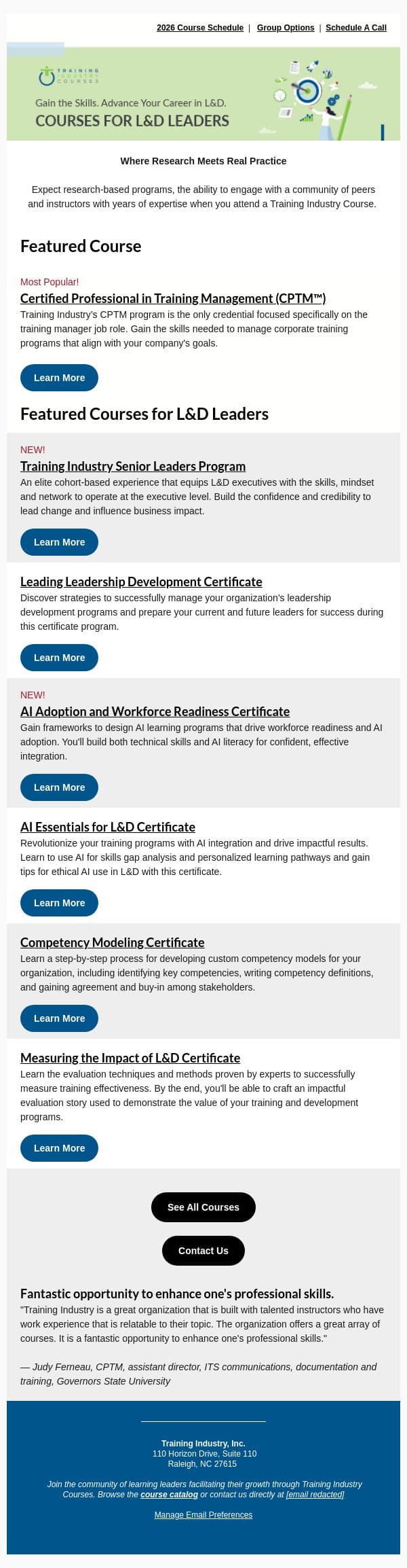 What Are Today's Learning Leaders Learning? email from Training Industry screenshot