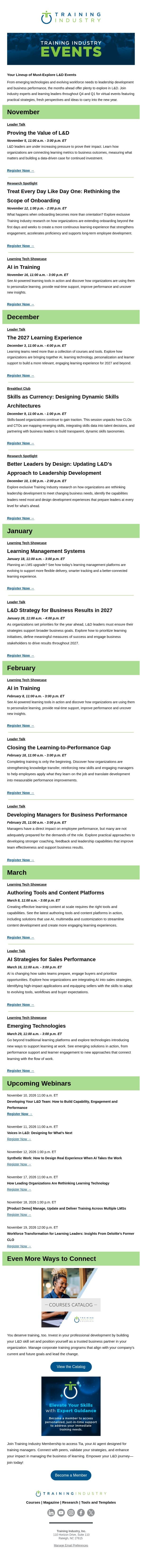Save Your Spot at These Upcoming L&D Events email from Training Industry screenshot