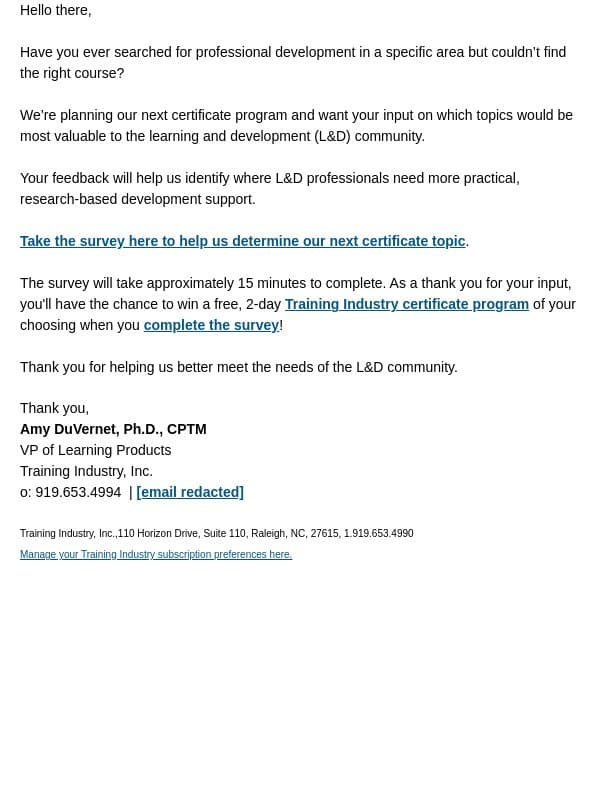 Help us shape our next L&D certificate program email from Training Industry screenshot