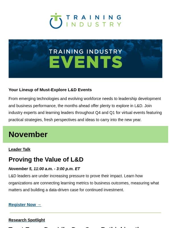 Save Your Spot at These Upcoming L&D Events email from Training Industry