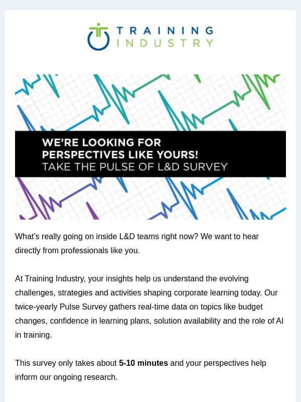 Take Our Pulse Survey- Inform the State of L&D email from Training Industry