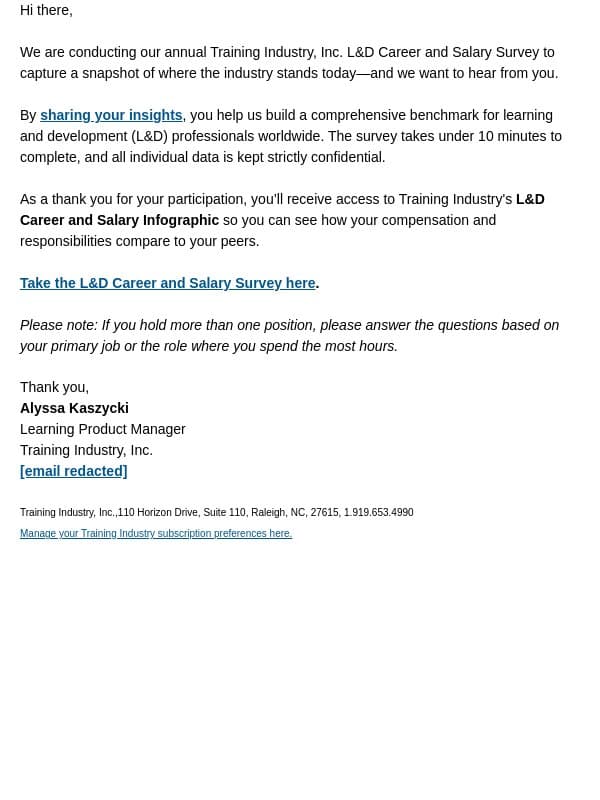 We want to hear about your L&D career email from Training Industry