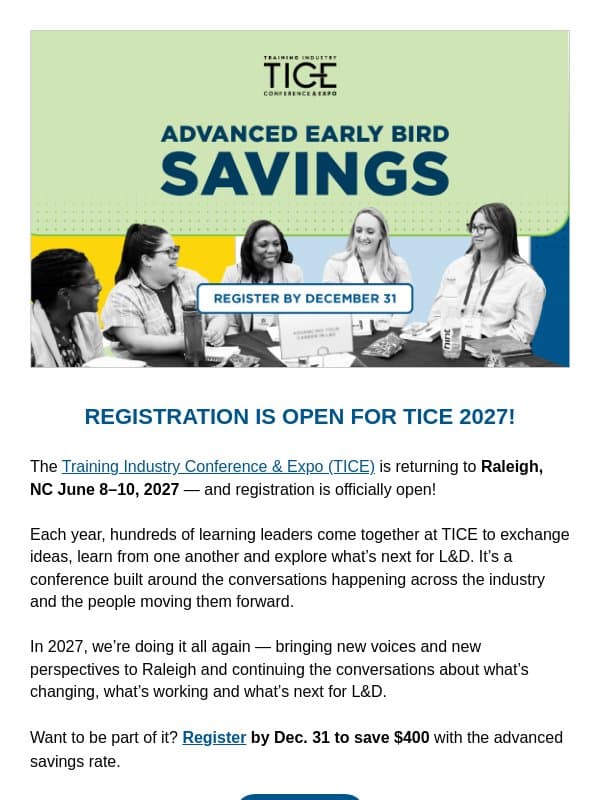 TICE 2027 Registration Is Now Open email from Training Industry