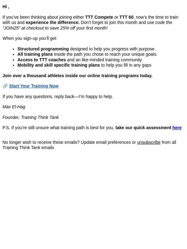 ⏳ Last Call for 25% Off! email from Training Think Tank