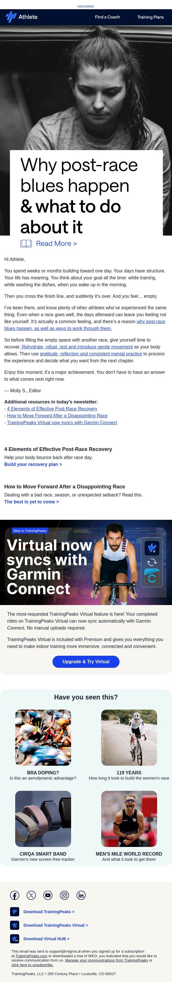 Feeling down after your race? Read this. email from TrainingPeaks screenshot