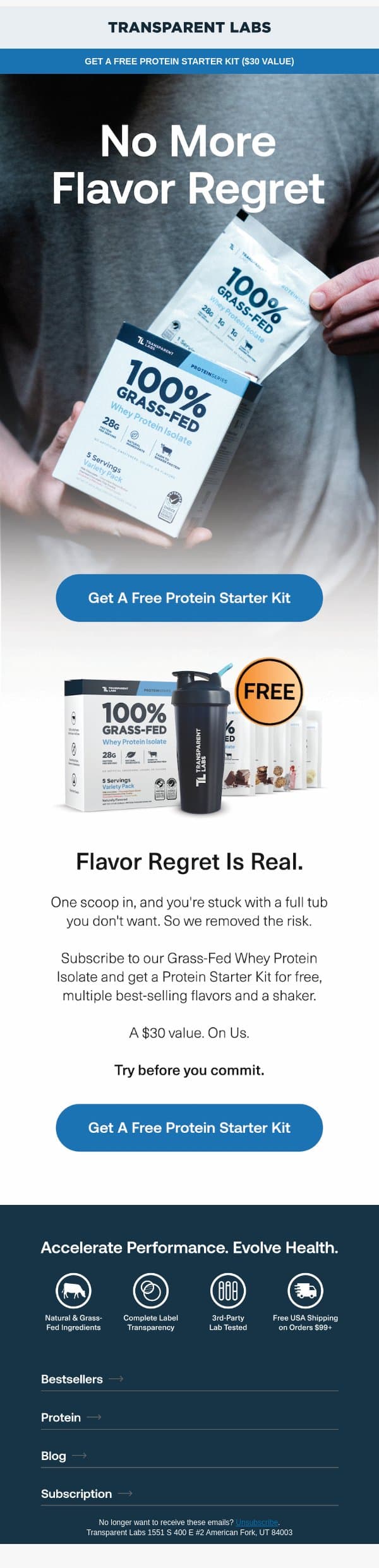 Claim Your FREE Starter Kit email from Transparent Labs screenshot