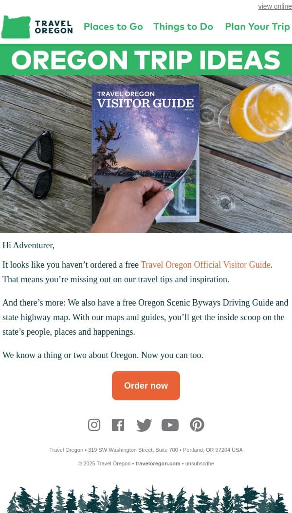 Did you remember to order a free guide? email from Travel Oregon screenshot